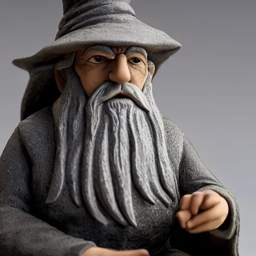 Image similar to figurine made of rough stone of gandalf with no hat. gandalf is sitting at a light - mixer, studio photo, uhd 4 k, backlight, rule of thirds