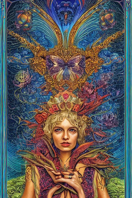 Image similar to beautiful tarot card of the queen of dreams by carol bak and jacek yerka and dan mumford and alex gray, oil on canvas, intricate border, symmetrical, 8k highly professionally detailed, HDR, CGsociety