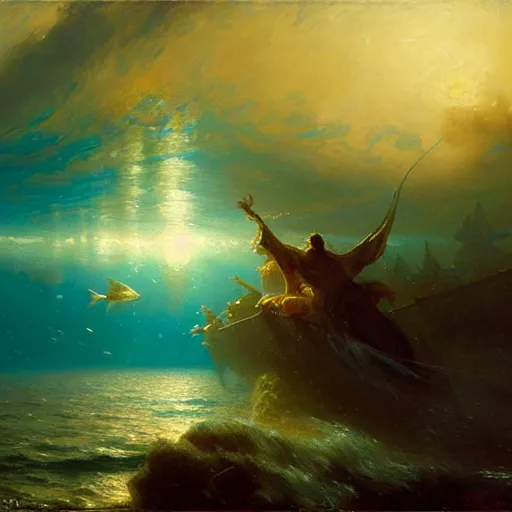 Image similar to point of view of deep in the ocean looking up, you see fishes, higher up you see very clearly the milk way illuminating the sea down bellow, night time. highly detailed painting by gaston bussiere, greg rutkowski 8 k