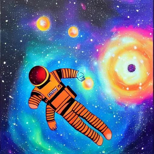 Prompt: astronaut floating in deep space, galaxy, astral, colorful, acrylic art,