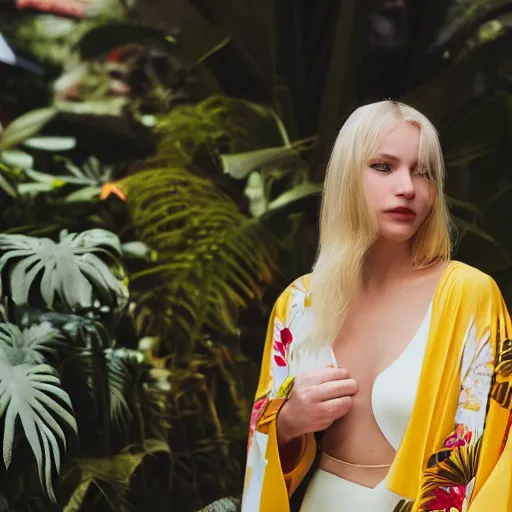 Image similar to head to shoulder portrait photograph of an elegant blond woman wearing a yellow kimono in a tropical greenhouse. looking at the camera!!. super resolution. 85 mm f1.8 lens.bokeh.graflex. Alessio albi