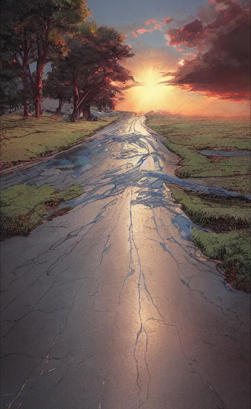 Prompt: paperback book cover by kim jung gi. 1 9 5 0 s. pure colors, melting clouds, accurately drawn details, a sunburst above a receding road with the light reflected in furrows and ruts, after rain. photorealistic. octane render. cinematic. trending on artstation. textless.