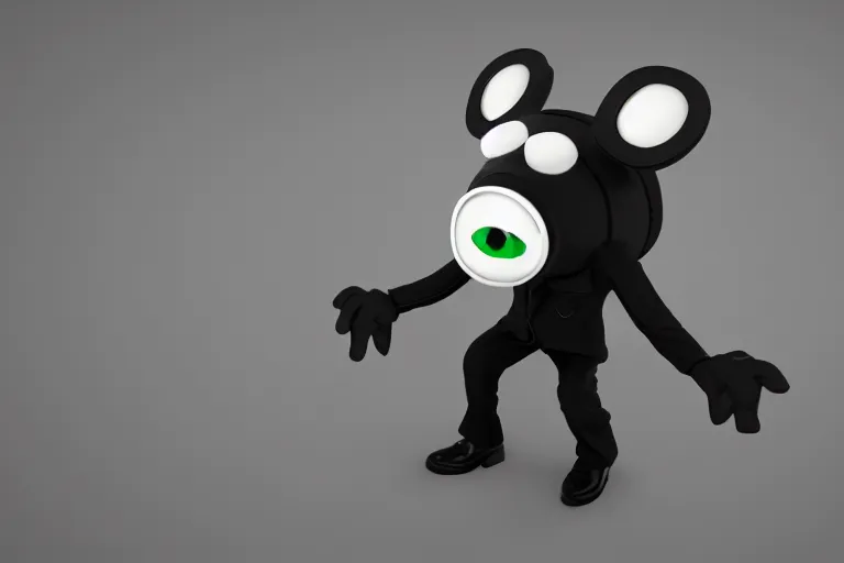 Prompt: a friendly monster in a deadmau 5 mask, wearing a suit. nvidia render, tim burton style, black background