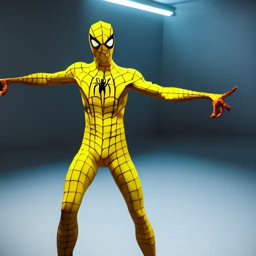 Image similar to still photo of yellow spider - man, highly detailed, photorealistic portrait, bright studio setting, studio lighting, crisp quality and light reflections, unreal engine 5 quality render