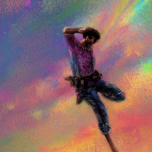 Prompt: arab man with curly hair skydiving, pastel colors, digital painting, impressionist, figurative, intricate details, dreamy, fairylike