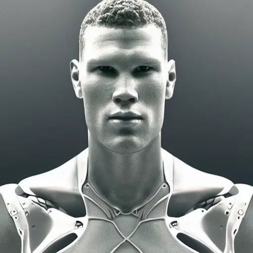 Image similar to “a realistic detailed photo of a guy who is an attractive humanoid who is half robot and half humanoid, who is a male android, basketball player Blake Griffin, shiny skin, posing like a statue, blank stare”