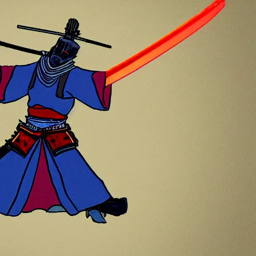 Prompt: a samurai with a black armour with glowing blue edges and a fire sword.