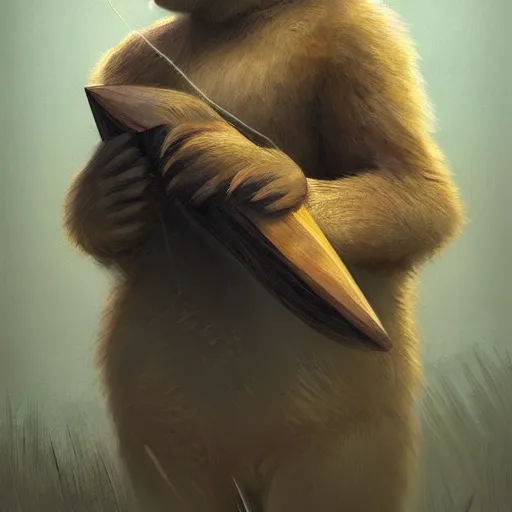 Prompt: realistic bear holding a triangular wooden triangle + guitar sound hole + guitar neck, highly detailed, digital painting, artstation, concept art, smooth, sharp focus, illustration, cinematic lighting, art by artgerm and greg rutkowski and alphonse mucha