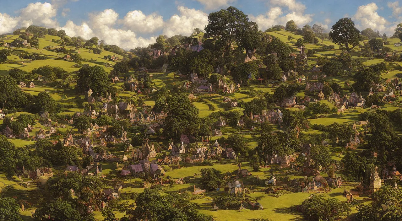 Prompt: a finely detailed painting of The Shire, by Gerald Brom and Ted Nasmith