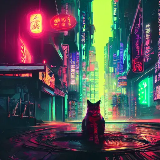 Image similar to a detailed matte painting of a neon cat under a black light with red led eyes, the cat is in a intricately detailed neo neon cyberpunk Japanese city, the angel of death with a halo, colorful background not limited to children, by Ismail Inceoglu , concept art, featured on cgsociety