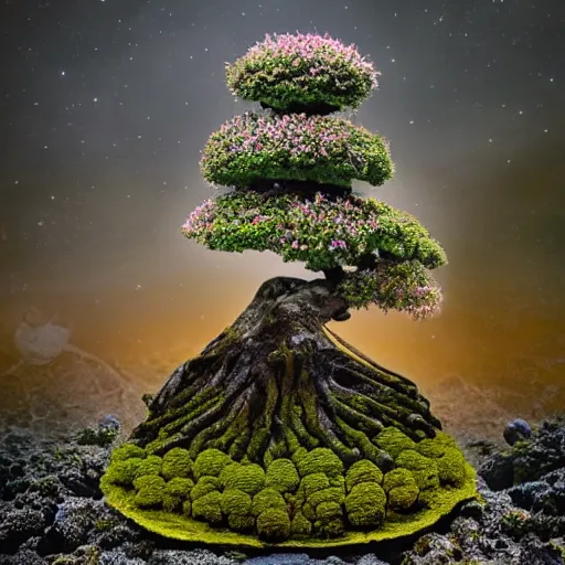 Image similar to A picture of a planet of various flowers, fungus and plants, Bonsai , in which the human figure is dressed in something magical and impressive, inside the picture is infinity, muted light, BotanicalAtmospheric phenomenon, artistic photography, muted colors, conceptual, Kodachrome