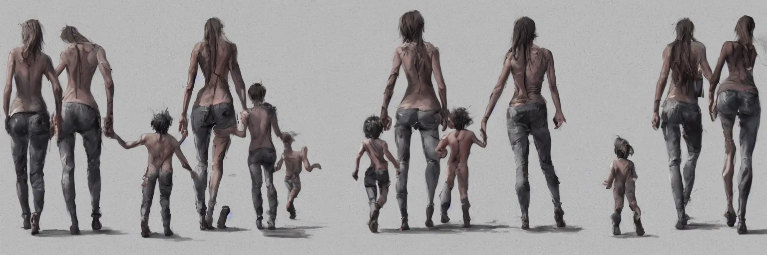 Image similar to family walk cycle, realistic anorexic family walking while wearing a thong, character sheet, fine details, concept design, contrast, kim jung gi, greg rutkowski and francis bacon, trending on artstation, 8 k, full body and head, turnaround, front view, back view, ultra wide angle