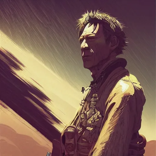 Prompt: Thomas Jane, an illustration of a worn out samurai that got time travelled to a futuristic colonized Mars, art by Ilya Kuvshinov, highly detailed, anime key visual, warm colors, epic landscape, HD digital art, artstation