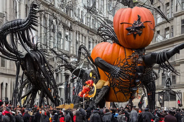 Image similar to photo of giant parade float designed by hr giger in the macys thanksgiving parade, detailed 4 k photo