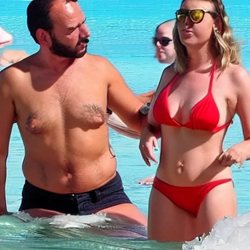 Image similar to photo of a 4 0 year old man that looks young for his age dating a very attractive 2 2 year old woman wearing a bikini. his wife is visibly upset in the background. lol