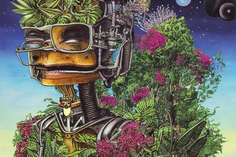 Image similar to gigantic robot - girl head floating in the space, a lot of exotic plants, trees, flowers, oldschool vintage sci - fi flat surreal grainy design, super - detailed, painting by art spiegelman, hd, 4 k, high quality