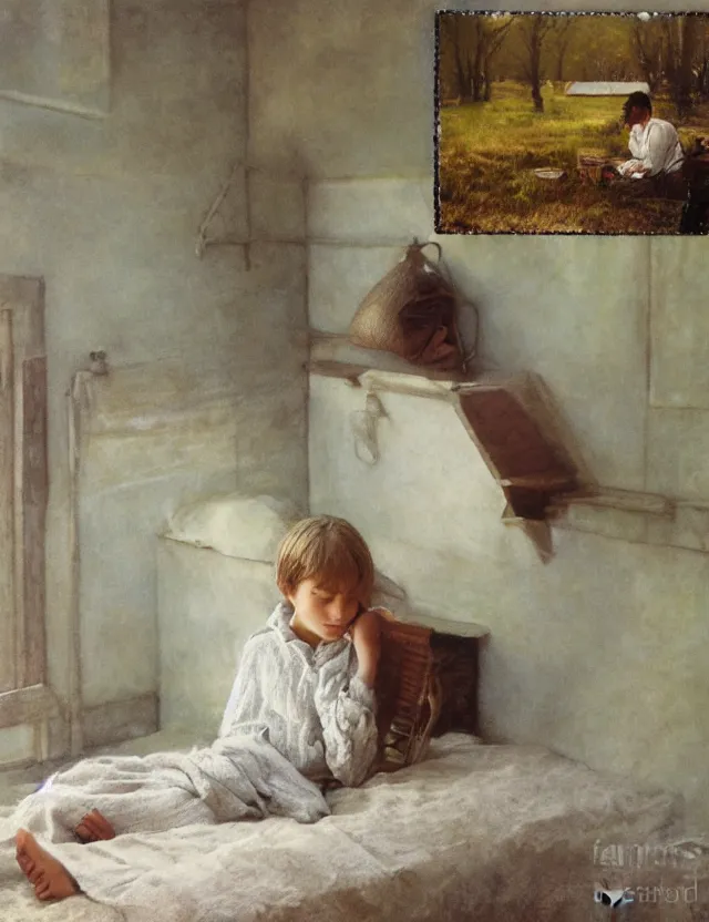 Image similar to peasant boy praying in country house, cottage core, cinematic focus, polaroid photo bleached vintage pastel colors high - key lighting, soft lights, foggy, by steve hanks, by lisa yuskavage, by serov valentin, by tarkovsky, detailed, oil on canvas