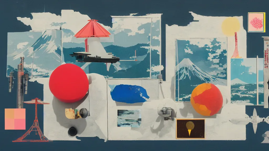 Image similar to an arrangement of traveller explorer props, japan, a collage painting, in the style of wes anderson, lola dupre, david hockney, isolated on negative white space background dark monochrome neon spraypaint accents volumetric octane render