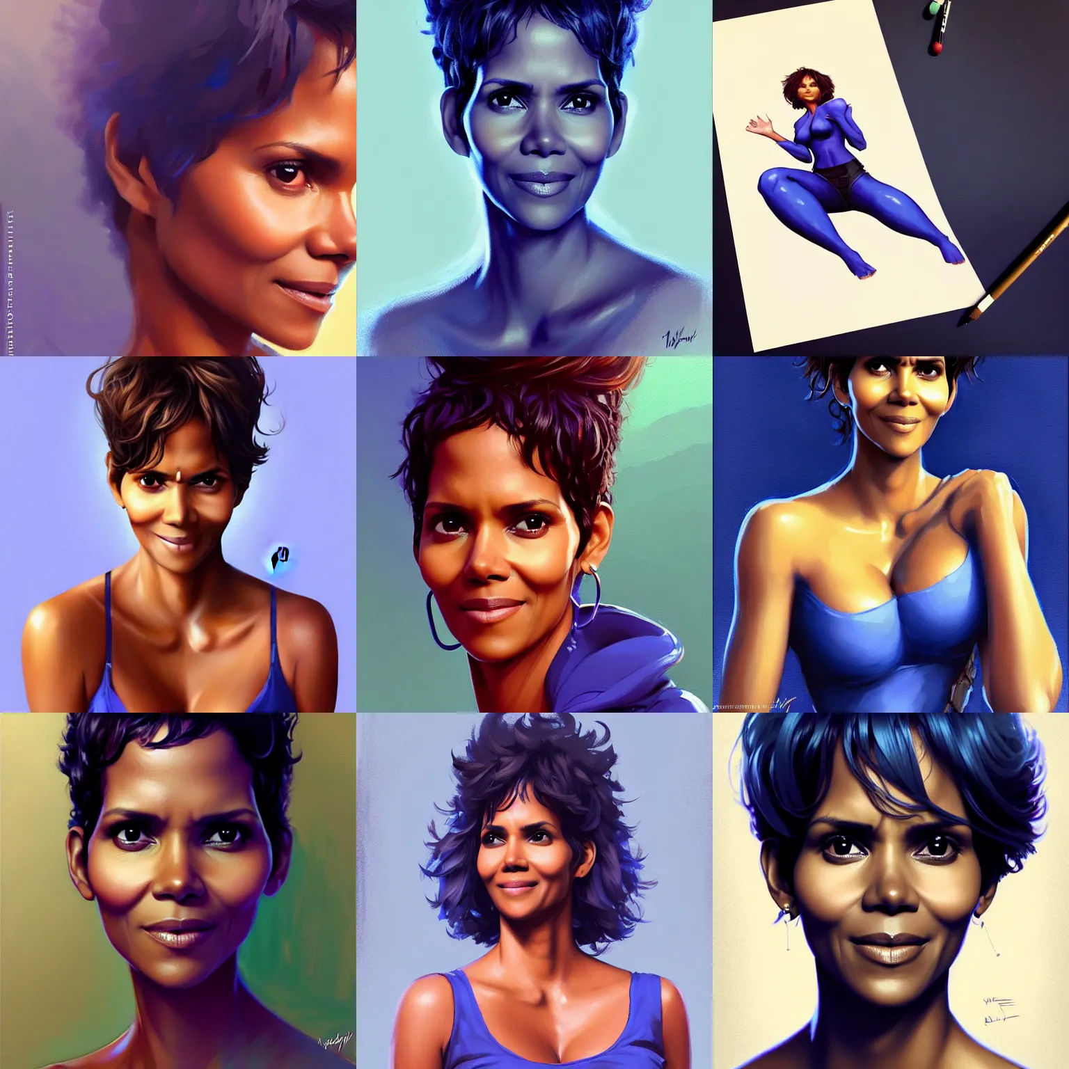 Prompt: halle berry is a giant blueberry, head as a round berry, berry body, merged, animation pixar style, shaded lighting poster by magali villeneuve, artgerm, jeremy lipkin and michael garmash, rob rey and kentaro miura style, trending on art station