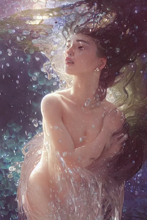 Image similar to portrait of a beautiful woman wearing a kimono, silver hair, drenched body, wet dripping hair, emerging from the water, fantasy, regal, fractal crystal, fractal stone gems, by stanley artgerm lau, greg rutkowski, thomas kindkade, alphonse mucha, loish, norman rockwell