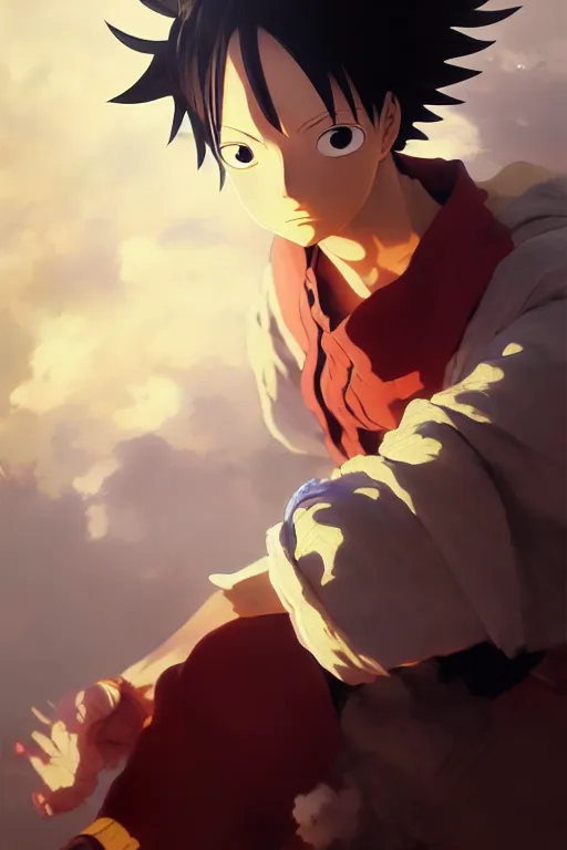 Image similar to baroque oil painting full body portrait character concept art, anime key visual of luffy studio lit directed gaze, trending on pixiv fanbox, painted by greg rutkowski makoto shinkai takashi takeuchi studio ghibli