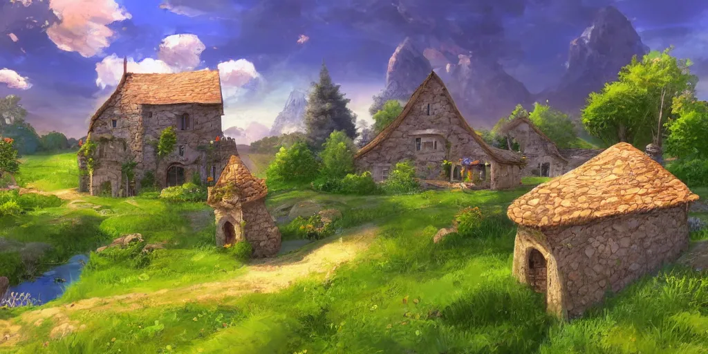 Image similar to a serene landscape with a small medieval stone house near a river in the style of Pixar, anime style, low saturation, high quality, highly detailed, 4k, complementary colours, cartoon