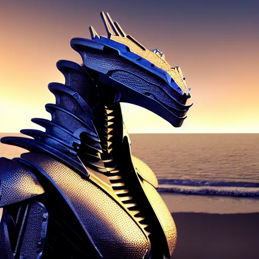 Prompt: chest up bust shot, realistic detailed stunning beautiful armored anthropomorphic humanoid female robot dragon, looking to the side, smooth and streamlined armor and design made of steel, sharp claws and sharp teeth, Slick LEDs, standing on two legs, on the beach during sunset, high quality, cinematic art, sunset lighting, 3D render, 8k, artstation, deviantart, furaffinity