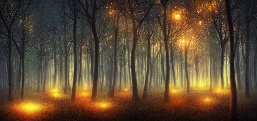 Prompt: beautiful glowing forest at night, futuristic, magical feeling, detailed, digital art