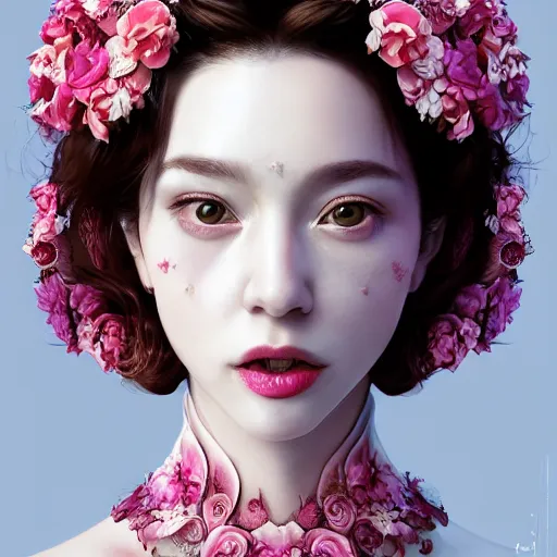 Prompt: the face of absurdly beautiful, graceful, elegant, sophisticated, sensual mature gravure idol made of strawberries and white pink petals with many white tears, an ultrafine hyperrealistic photograph by kim jung gi, irakli nadar, intricate linework, bright colors, octopath traveler, final fantasy, unreal engine highly rendered, global illumination, radiant light, intricate environment