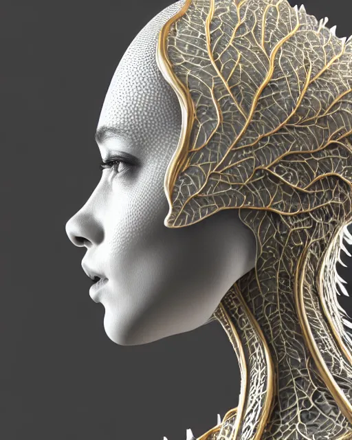 Image similar to close - up profile face, complex 3 d render of a beautiful porcelain vegetal dragon cyborg young female, 1 5 0 mm, beautiful natural soft rim light, silver gold details, magnolia leaves and stems, roots, fine lace, mandelbot fractal, elegant, ultra detailed, white metallic armour, octane render, black and white, h. r. giger style