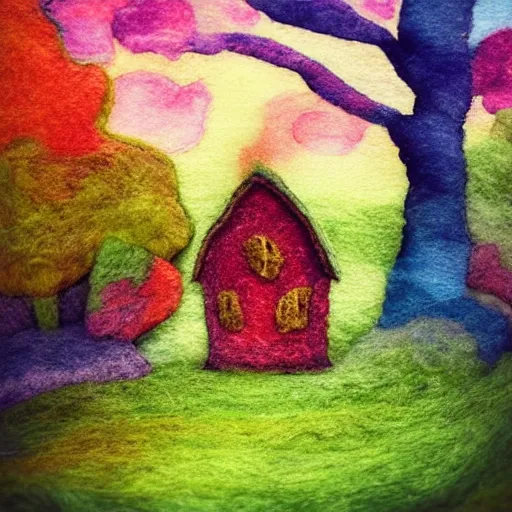 Image similar to small wooden house in the middle of enchanted forest, bright colours, watercolor, volumetric wool felting, macro photography, children illustration, by vacher christophe