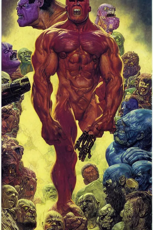 Image similar to upper body and head portrait of hulking mutant thanos by lawrence alma tadema and zdzislaw beksinski and norman rockwell and jack kirby and tom lovell and greg staples