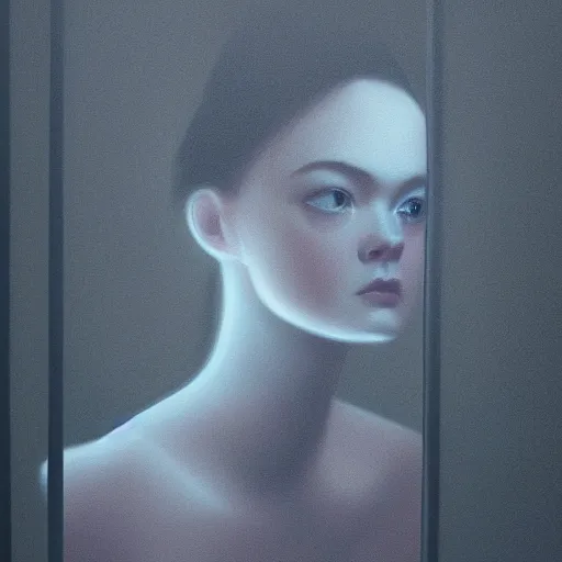 Prompt: silhouette of a Elle Fanning gazing in a mirror, pitch black room, extremely detailed masterpiece, oil on canvas, low-key neon lighting, artstation, Blade Runner 2049, Roger Deakin’s cinematography, by Julia Vormeer,