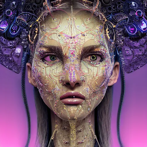 Prompt: very beautiful woman integrating with technology, full face frontal centered, portrait, insipiring, detailed intricate ornate cables connected to head, big open electric eyes, luxurious detailed abundent wiring and implants, diamonds, ruby, sci - fi, neon, emeralds, detailed technology background with cyber flowers and insects, highly detailed, artstation, 8 k, by johanna martine