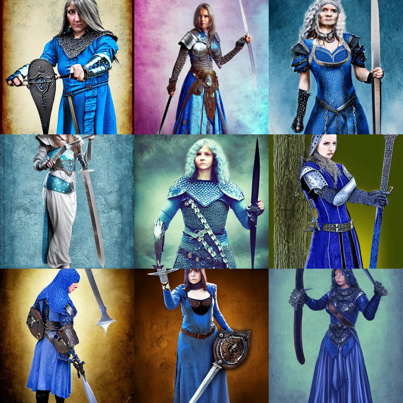 Prompt: woman chain mail, blue surcoat, female, strong, middle age, fantasy, digital art, awar winning, hand on the sword, with shield down by loles romero