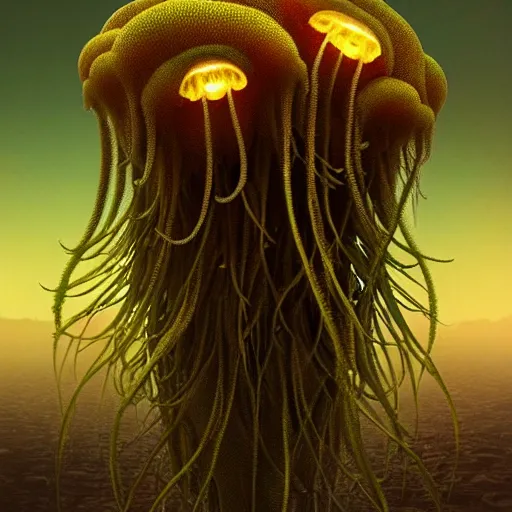 Image similar to creature jellyfish in a desert lush vegetation, warm tones, night, water reflection, bioluminescent translucent : : by michal karcz, daniel merriam, victo ngai and guillermo del toro : : ornate, dynamic, particulate, intricate, elegant, highly detailed, centered, artstation, smooth, sharp focus, octane render, 3 d