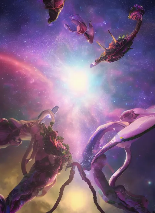 Image similar to An epic fantastic realism comic book style painting of the most beautiful entwined flowers launched across the galactic sky, nebulous bouquets, fisheye lens, unreal 5, DAZ, hyperrealistic, octane render, dynamic lighting