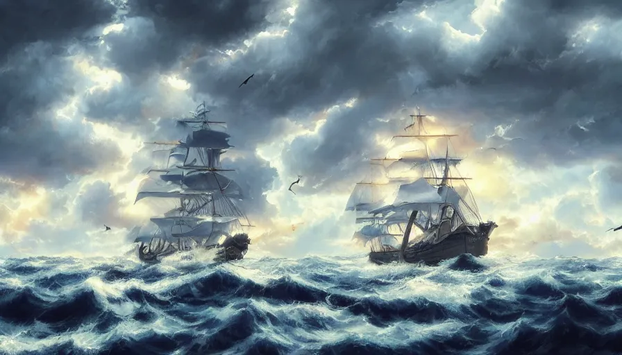 Prompt: ship from one piece sailing, dynamic sky, storm sky, with light piercing through stormy clouds, birds near the ship, rough sea, crepuscular rays, volumetric lighting, pixiv art, cgsociety, highly detailed, anime art, greg rutkowski, symmetrical, artgerm, wlop, anime art