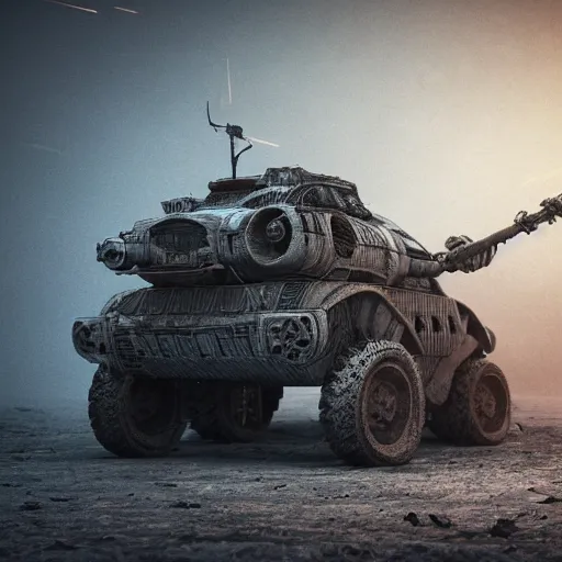 Image similar to Very very very very highly detailed sci-fi epic VAZ2105 mechanical horse vehicle , on a battlefield in soviet space orbit city . Photorealistic Concept 3D digital art rendered in Highly Octane Render in style of Hiromasa Ogura Gost in the shell, epic dimensional light