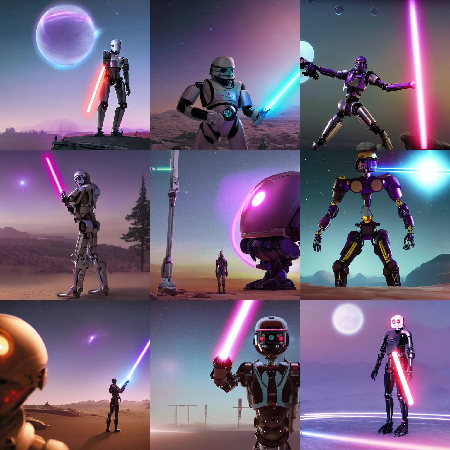 Prompt: humanoid robot wielding lightsaber in front of a violet planet in the sky, unreal engine, featured on cgsociety, trending on artstation, detailed, scifi futuristic character concept, simon stalenhag, movie still, octane render, hyperrealistic, cinematic, by weta digital
