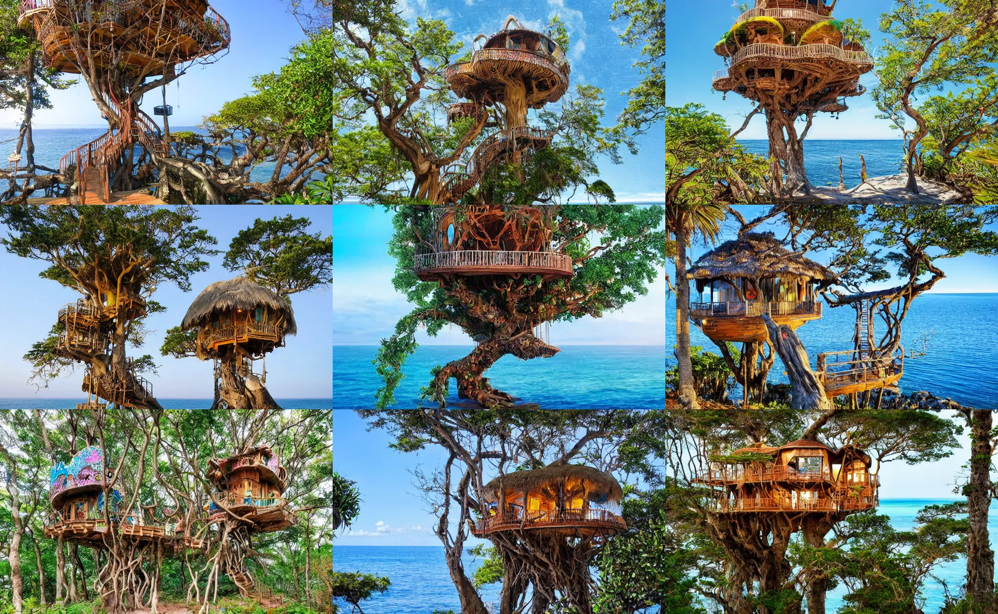 Prompt: bedazzled art style of a mystical island treehouse on the ocean