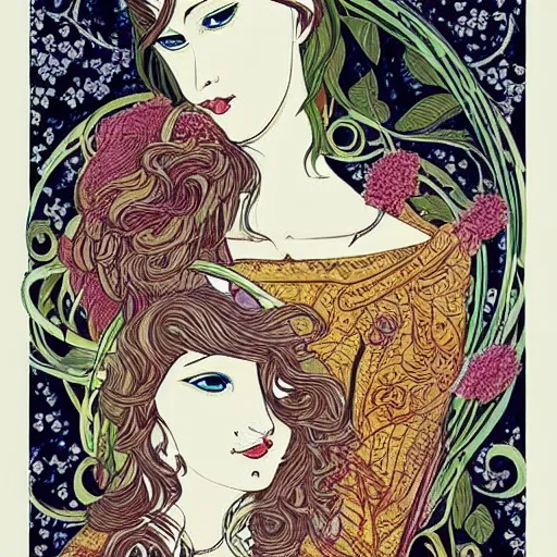 Prompt: a couple in love. she has dark wavy hair. he is bald. in the style of art nouveau. alphonse mocha. colorful floral. hyper detailed. intricate. beautiful.