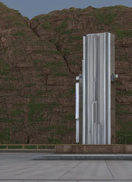 Image similar to highly detailed realistic architecture 3 d render of a metallic monumental stele in frank lloyd wright style standing on a highway, archdaily, made in unreal engine 4 octane render