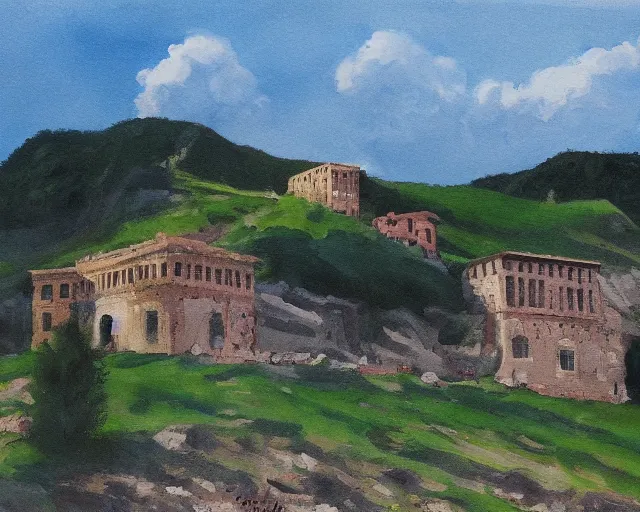 Prompt: painted roman house on a hill