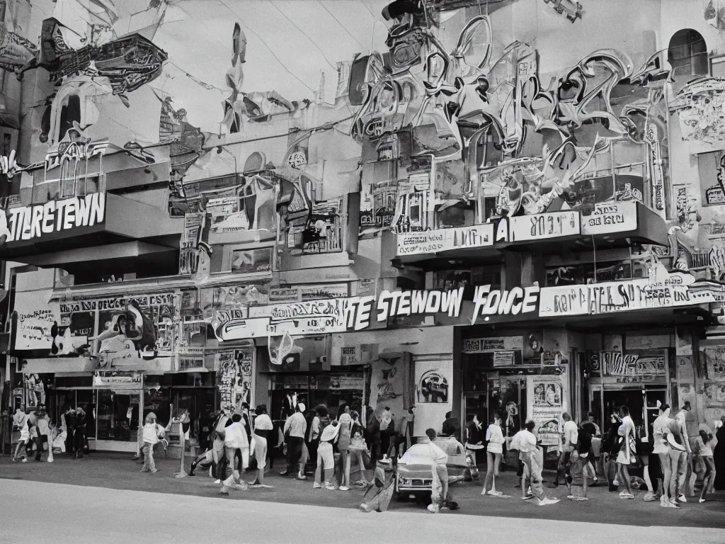 Image similar to a photograph taken with anscochrome 2 0 0, street view of the new theater of the town, with a back to the future banner, a lot of people in a line to enter the theater, ultra detailed, almost night, 1 9 8 5,