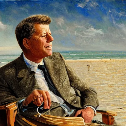 Image similar to portrait of john f kennedy, wrinkled, grey hair sitting on rocking chair, landscape of nantucket beach, dunes, ocean, bluff, handsome, hawaiian shirt, oil on canvas by william sidney mount - 1 9 8 2, trending on artstation