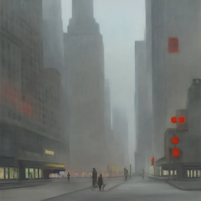 Image similar to city fog, early morning, painted by Edward Hopper, painted by Wayne Barlow, airbrush