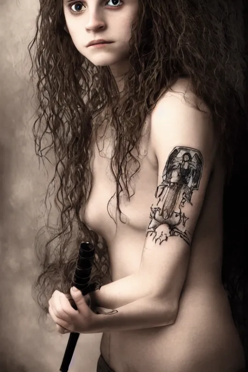 Prompt: dressed Hermione Granger in tattoos with a magic wand, by luis royo, beautiful eyes, by Aggi Erguna, top cinematic lighting, cinematic mood, hyperrealism, high detail