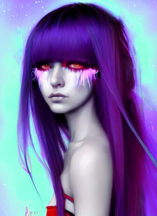 Image similar to hair whitebangs hair, black cyberlox, portrait of normal teenage girl, white bangs, messy bangs, fluffy bangs, cyberlox, whitebangs, red irises, purple background, intricate, elegant, highly detailed, digital painting, artstation, concept art, sharp focus, smooth, illustration, art by wlop, mars ravelo and greg rutkowski