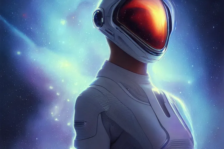 Image similar to Portrait of a Futuristic reflective spacesuit visor mirror spacesuit reflecting a nebula supernova in space, portrait, elegant, intricate, digital painting, artstation, concept art, smooth, sharp focus, illustration, art by artgerm and greg rutkowski and alphonse mucha